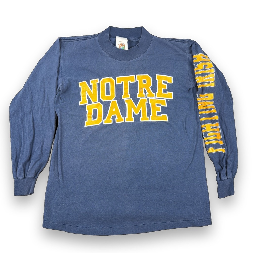 Vintage 80s Notre Dame Fighting Irish Shirt Mens M Blue Mock Neck Single Stitch
